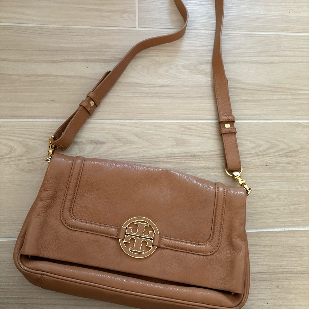 Tory Burch Bombe Foldover Tan Leather Shoulder Bag